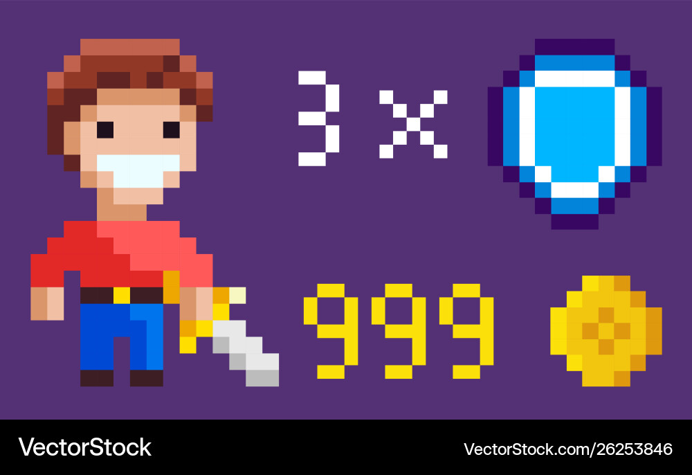 Pixel character with sword heroic man and icons Pixel character with sword heroic man and icons vector image