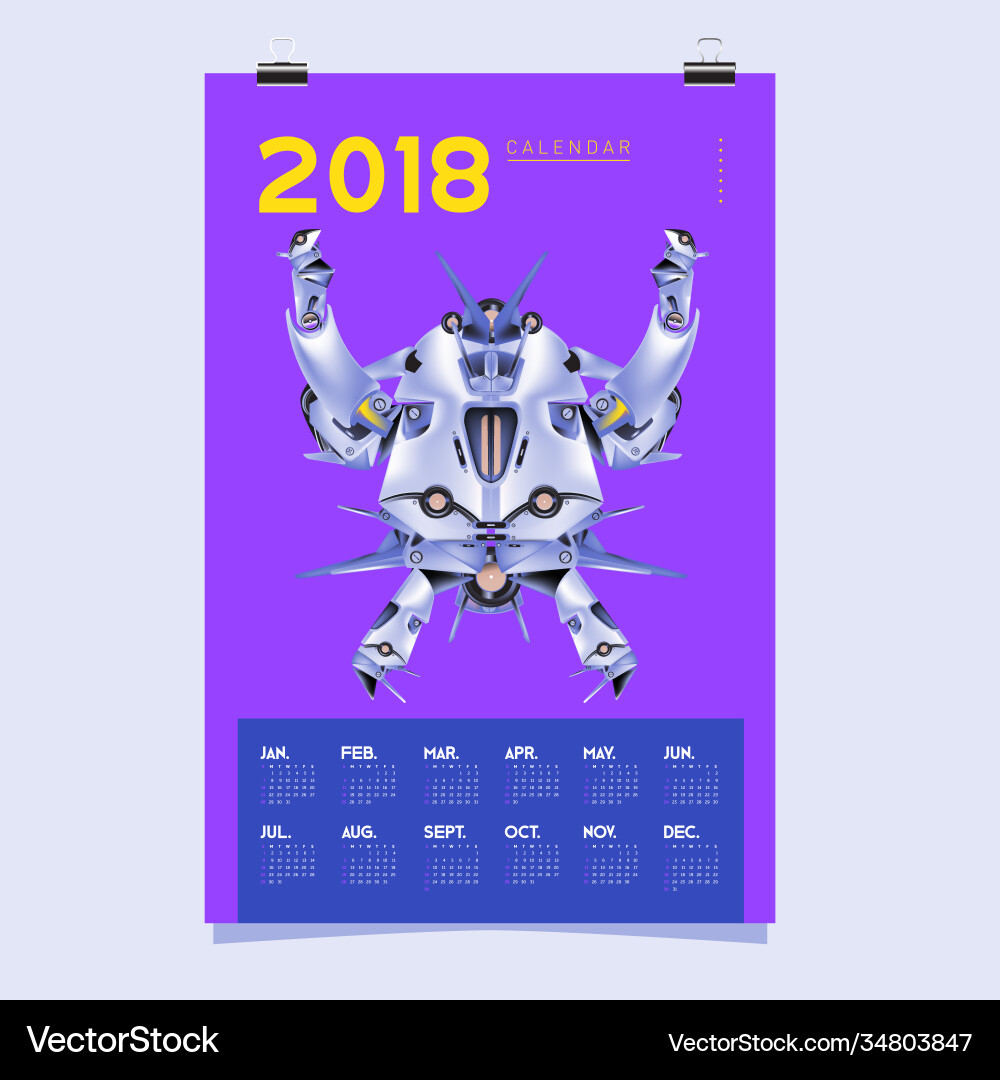 2018 calendar design template 3d realistic robot 2018 calendar design template 3d realistic robot vector image