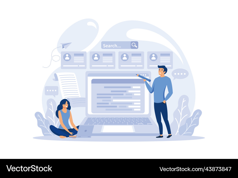 Blogger creating content for blog tiny woman Vector Image