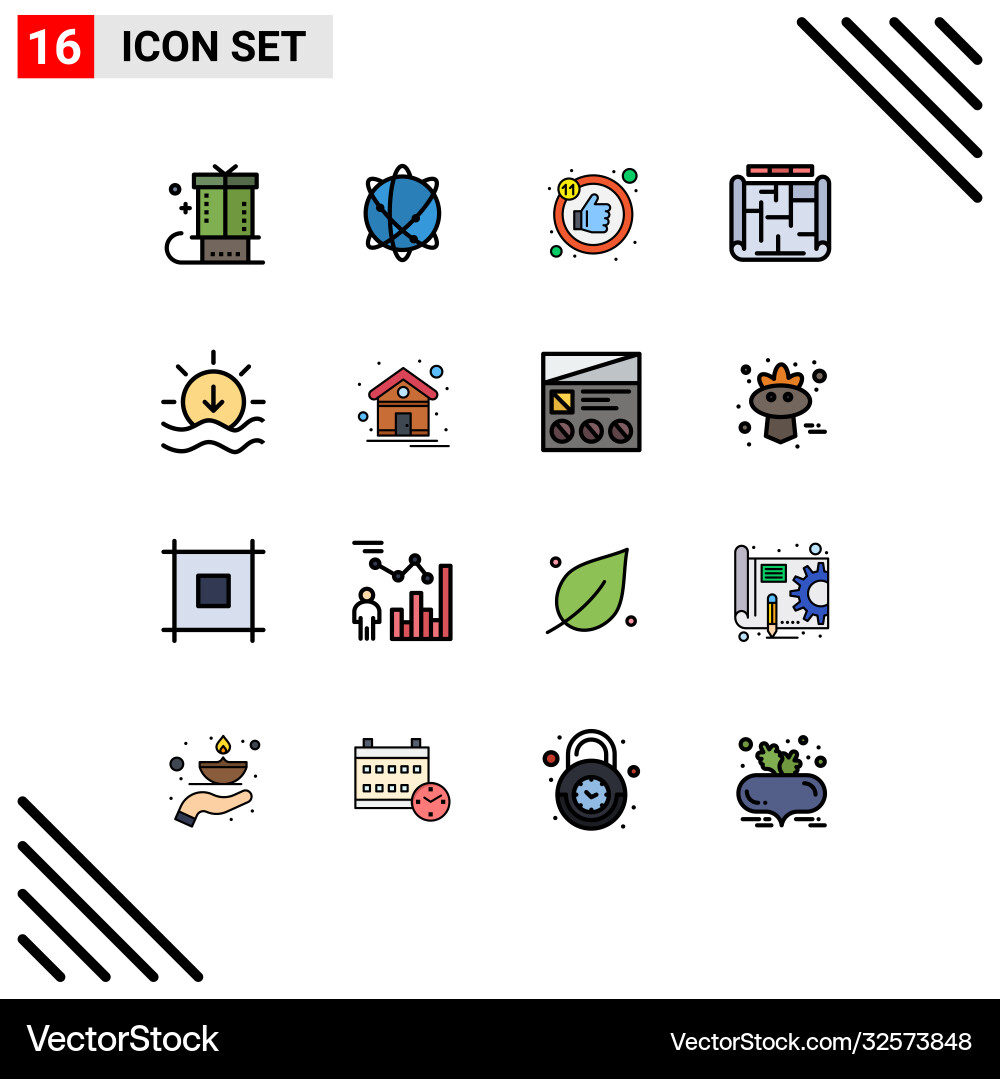 16 universal flat color filled lines set for web vector image