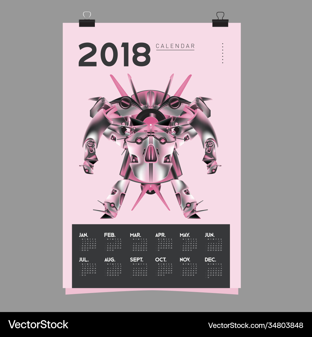 2018 calendar design template 3d realistic robot 2018 calendar design template 3d realistic robot vector image