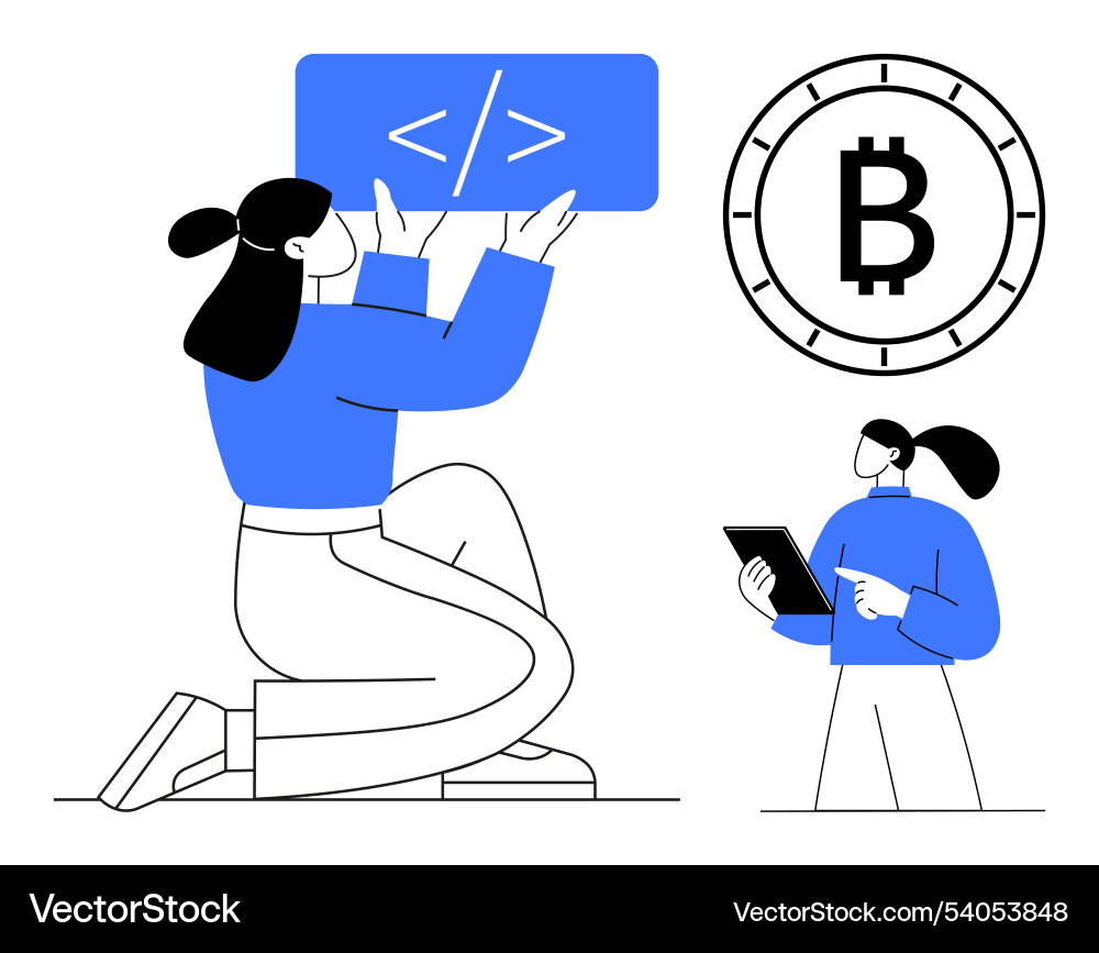 Female coders collaborating on blockchain Female coders collaborating on blockchain vector image