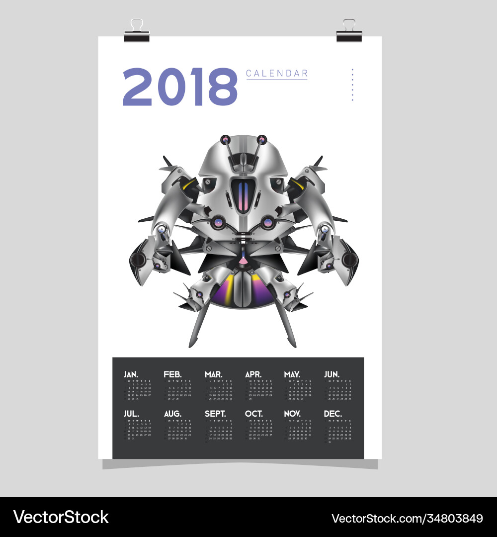 2018 calendar design template 3d realistic robot 2018 calendar design template 3d realistic robot vector image