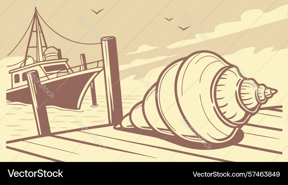 Conch shell on rustic dock with moored boat vector image