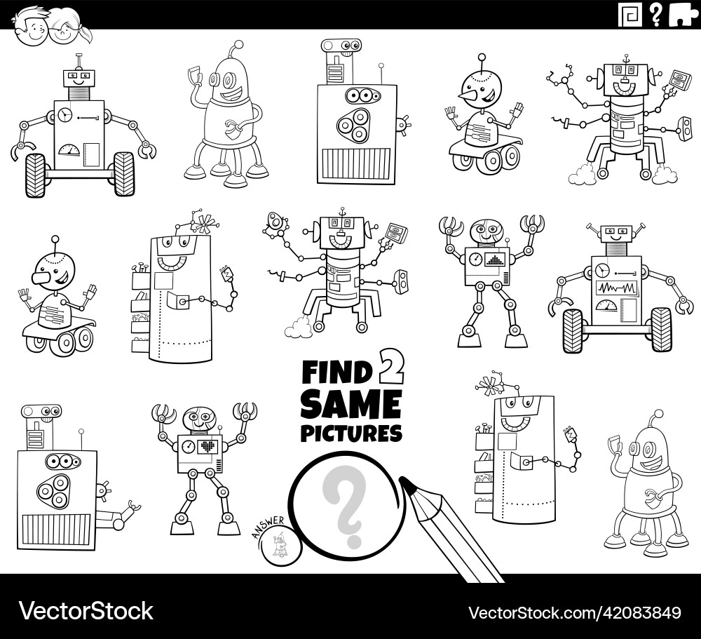 Find two same cartoon robots task coloring book Find two same cartoon robots task coloring book vector image