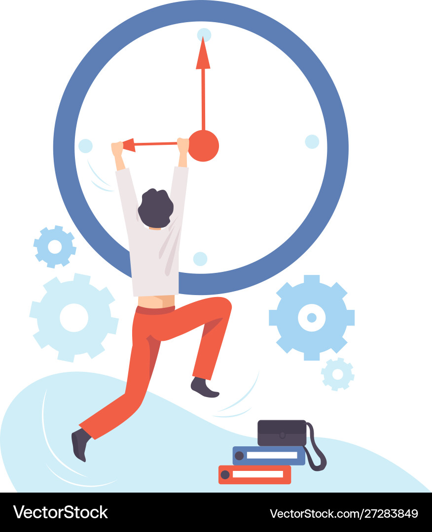 Man hangs on arrow a huge clock Man hangs on arrow a huge clock vector image