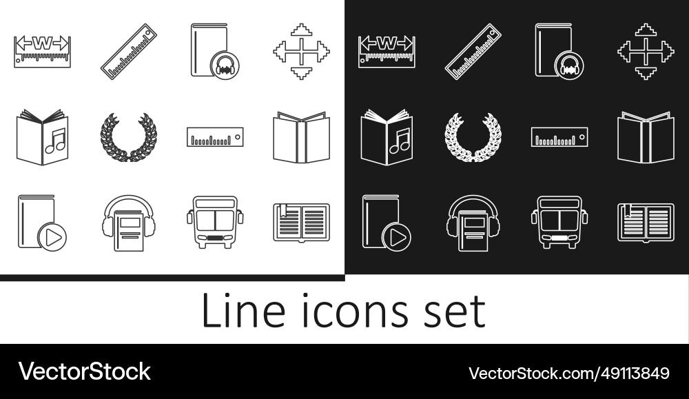 Set line open book audio laurel wreath measuring Set line open book audio laurel wreath measuring vector image