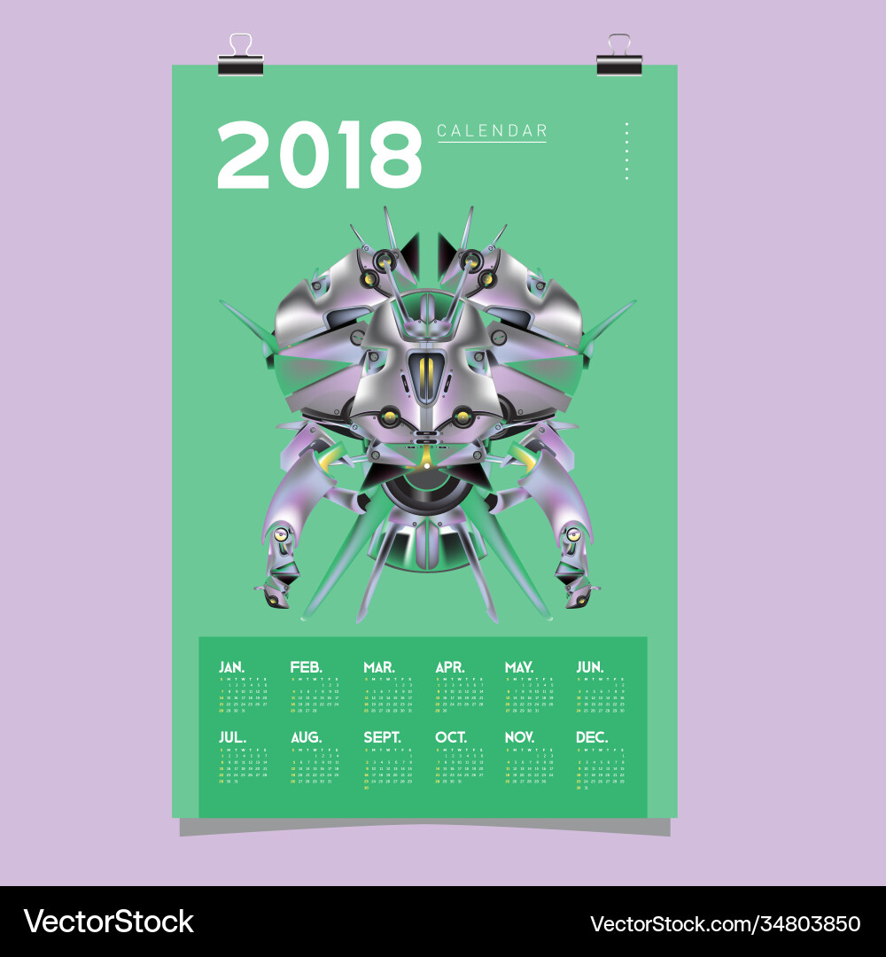 2018 calendar design template 3d realistic robot 2018 calendar design template 3d realistic robot vector image