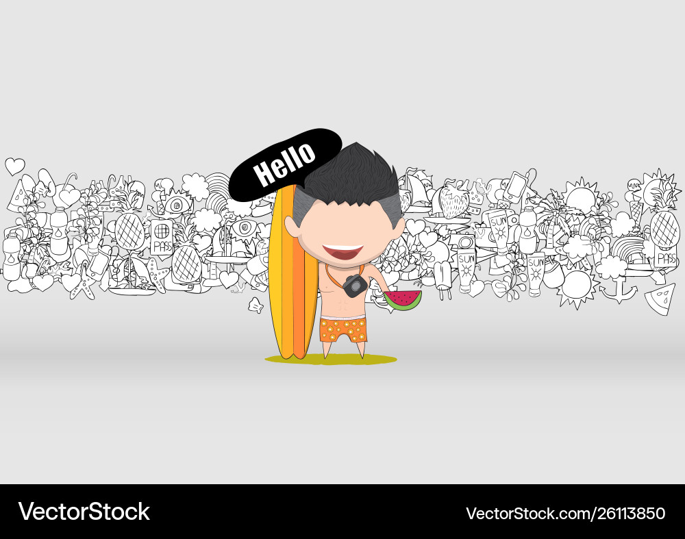 A happy face man with summer symbols and objects vector image