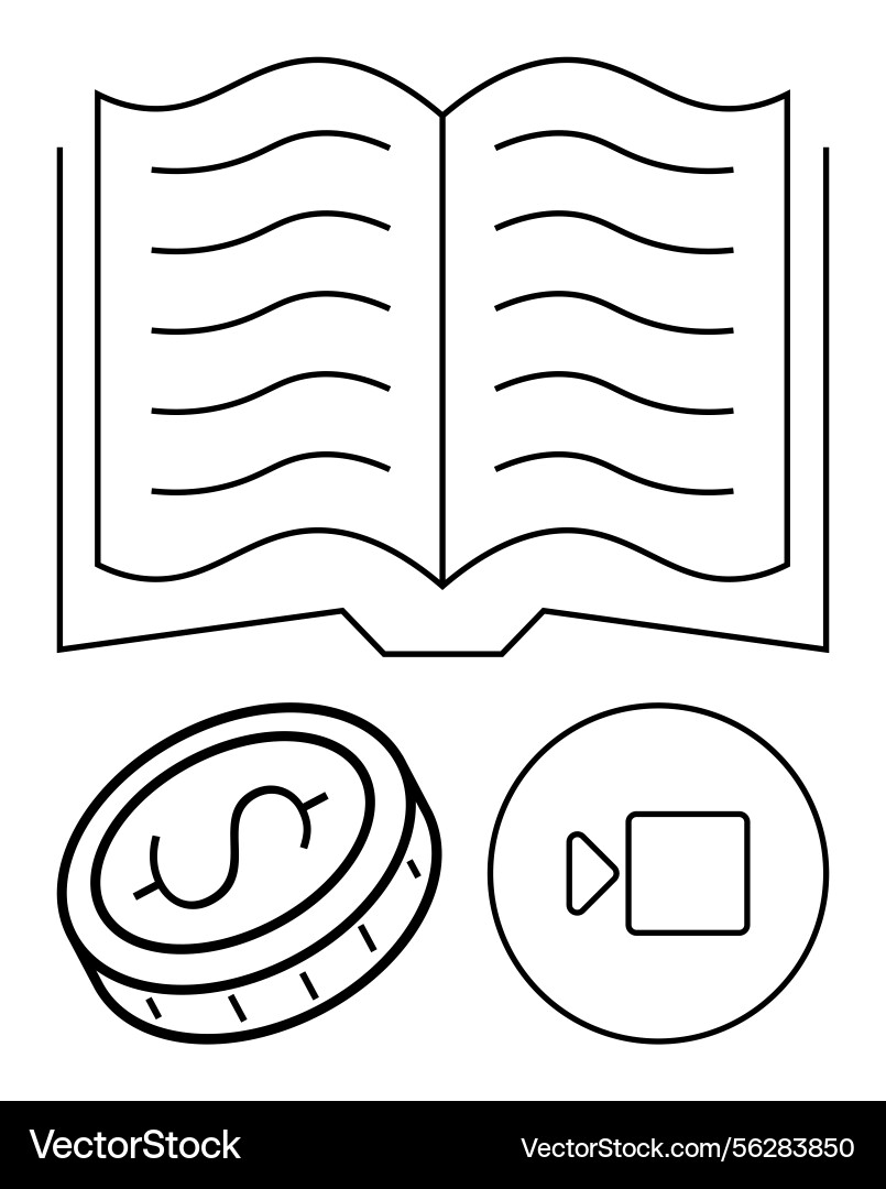 Open book with coin and play button representing Open book with coin and play button representing vector image