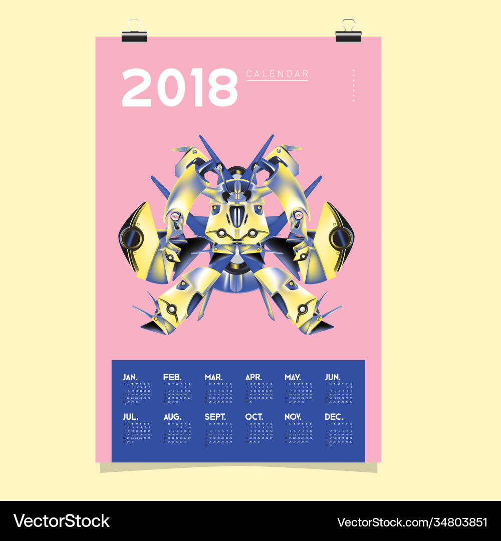 2018 calendar design template 3d realistic robot 2018 calendar design template 3d realistic robot vector image