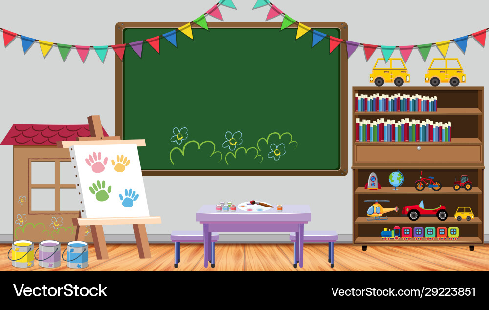 Classroom scene with board and bookshelf Classroom scene with board and bookshelf vector image
