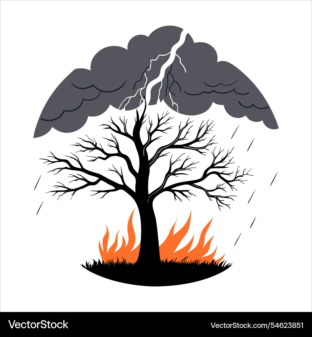 Tree split by lightning in a fiery storm Vector Image