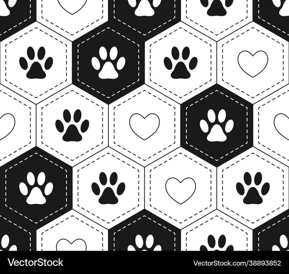 Pattern with footprints pet in hexagonal grid vector image
