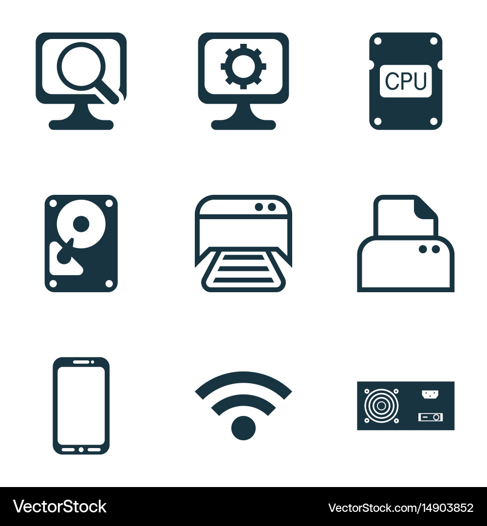 Set of 9 computer hardware icons includes printed vector image