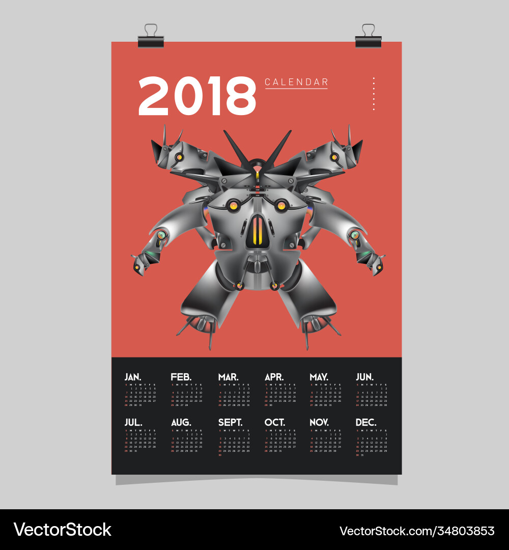 2018 calendar design template 3d realistic robot 2018 calendar design template 3d realistic robot vector image