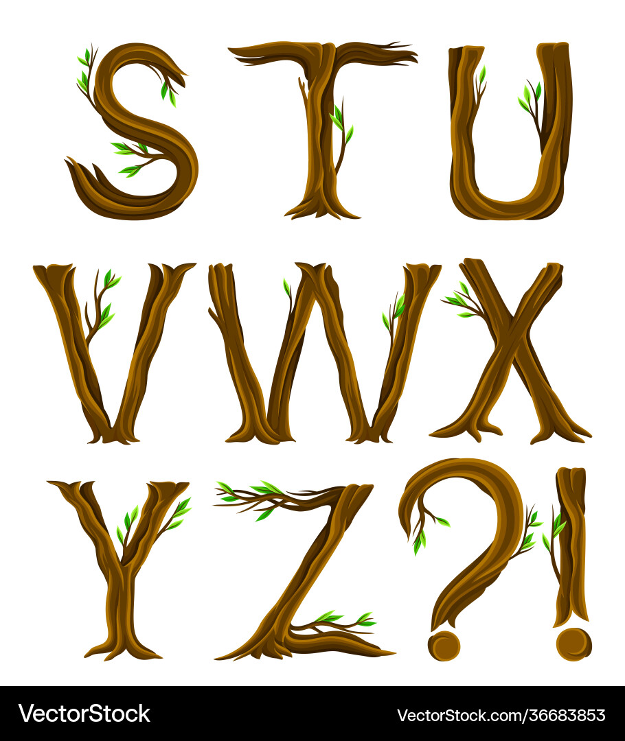 Forest alphabet with letters arranged from tree Forest alphabet with letters arranged from tree vector image
