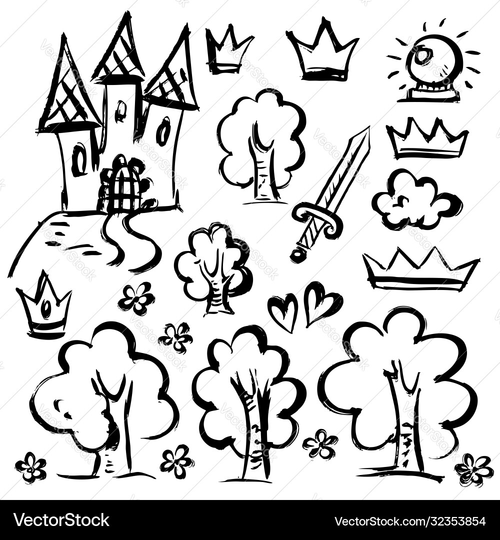 Fairy tale objects set drawn textured strokes Vector Image