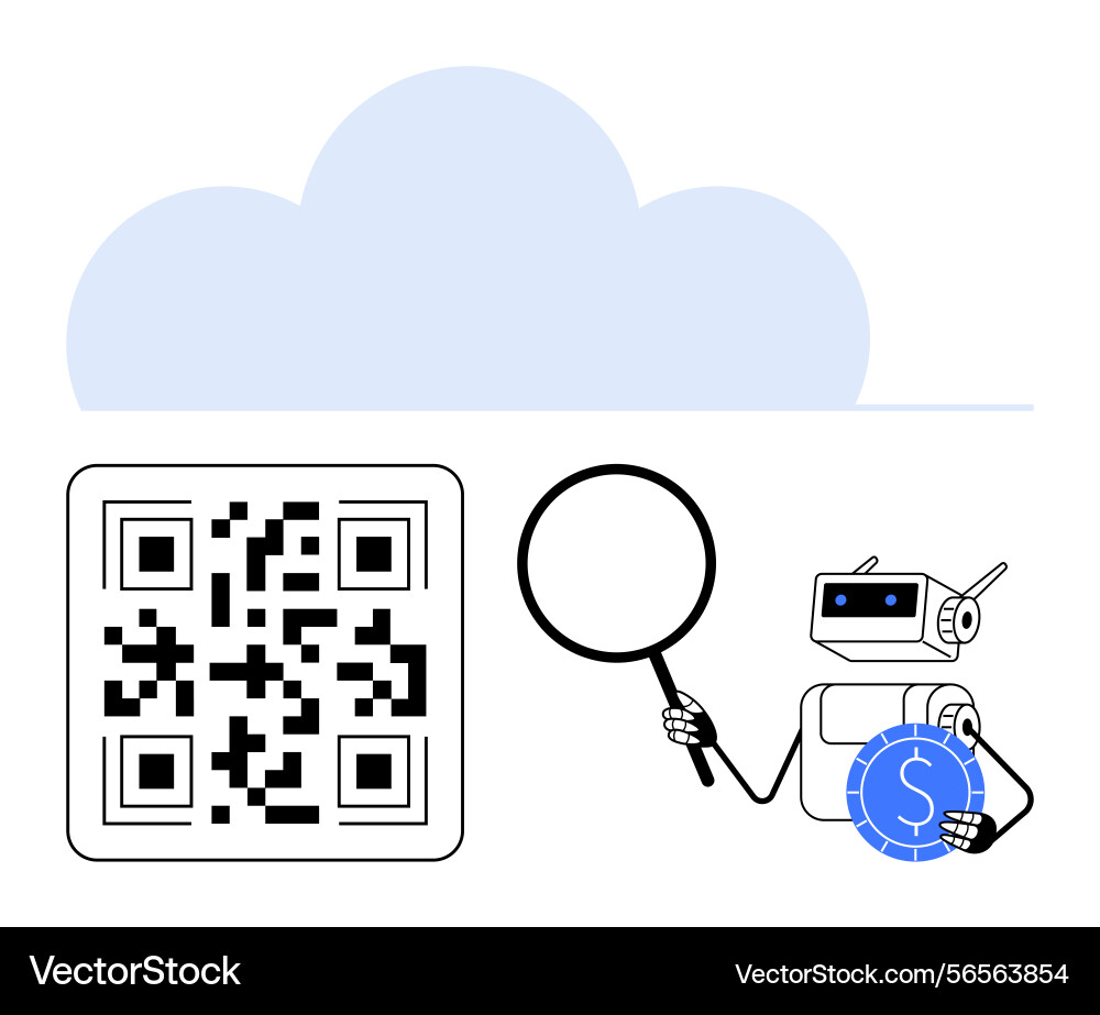 Qr code exploration with robot magnifying glass Qr code exploration with robot magnifying glass vector image