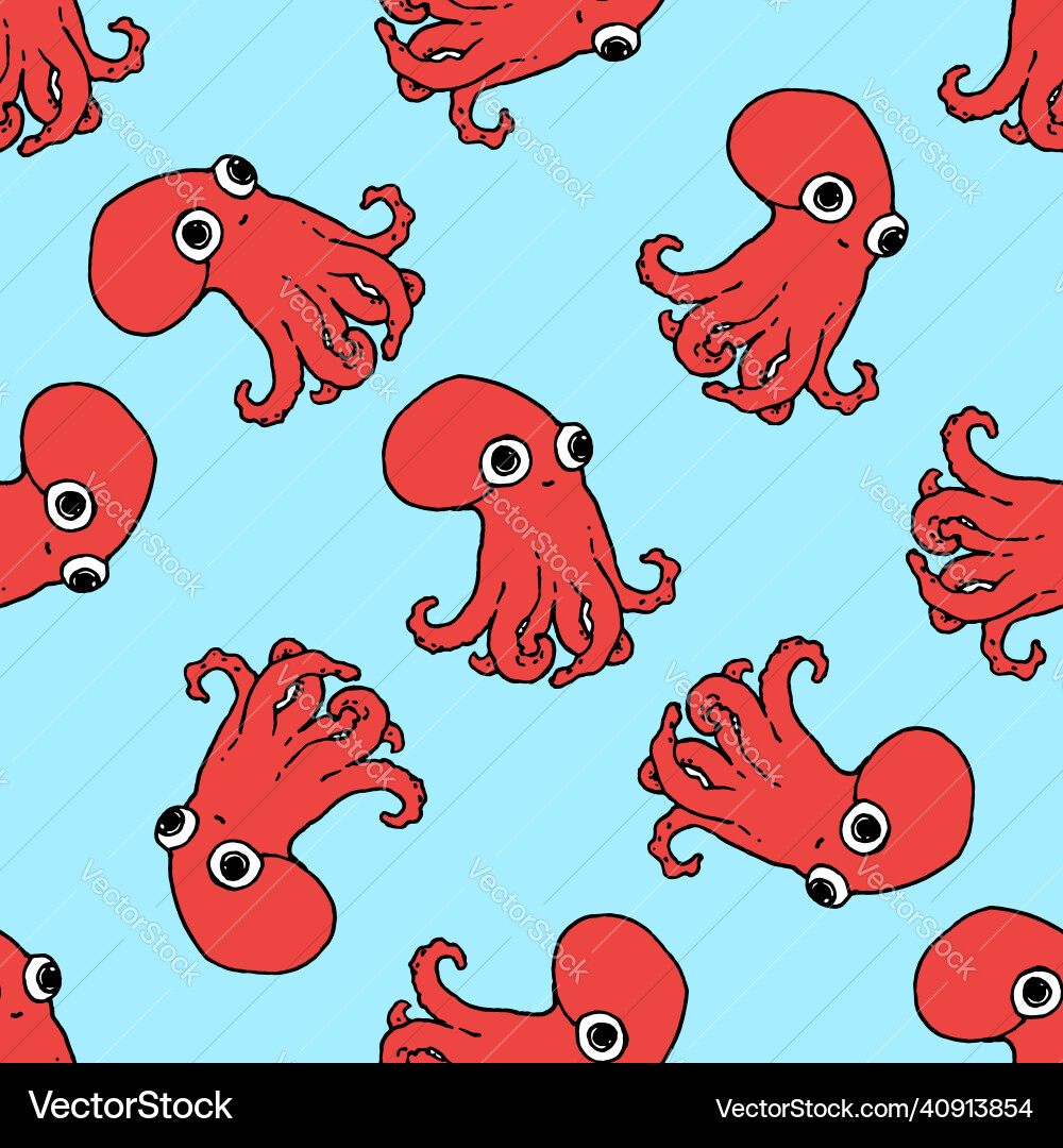 Seamless pattern of red octopuses on a blue Seamless pattern of red octopuses on a blue vector image