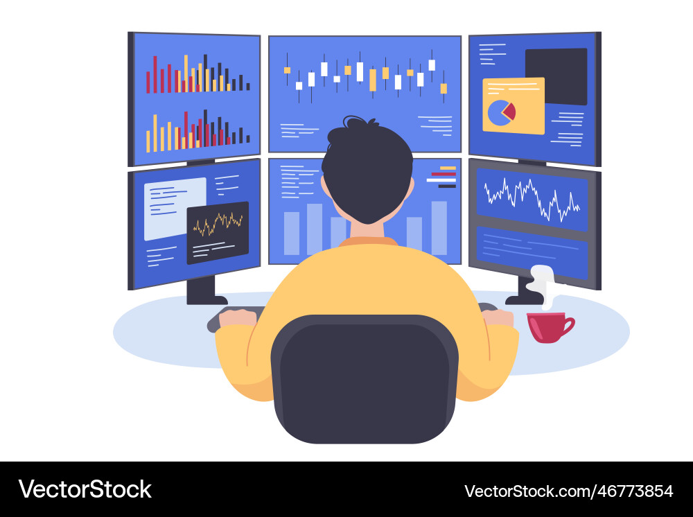 Stock trader sitting at multiple computer screen Stock trader sitting at multiple computer screen vector image
