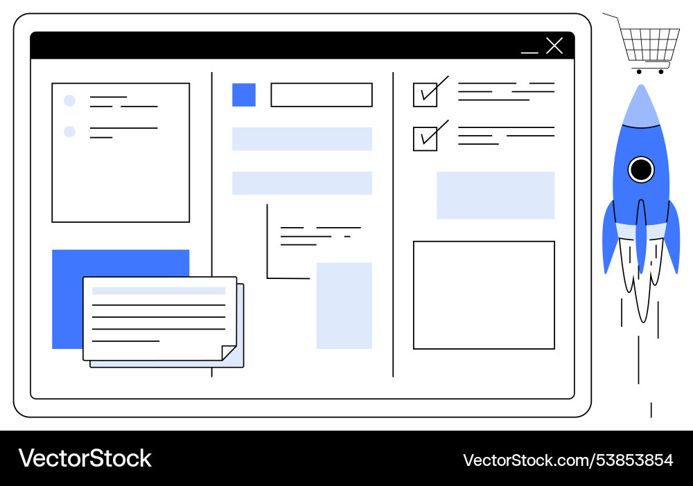 Website dashboard with rocket and shopping cart Website dashboard with rocket and shopping cart vector image