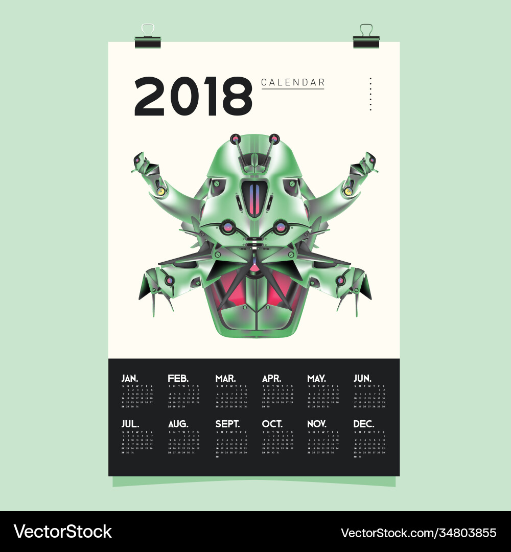2018 calendar design template 3d realistic robot 2018 calendar design template 3d realistic robot vector image