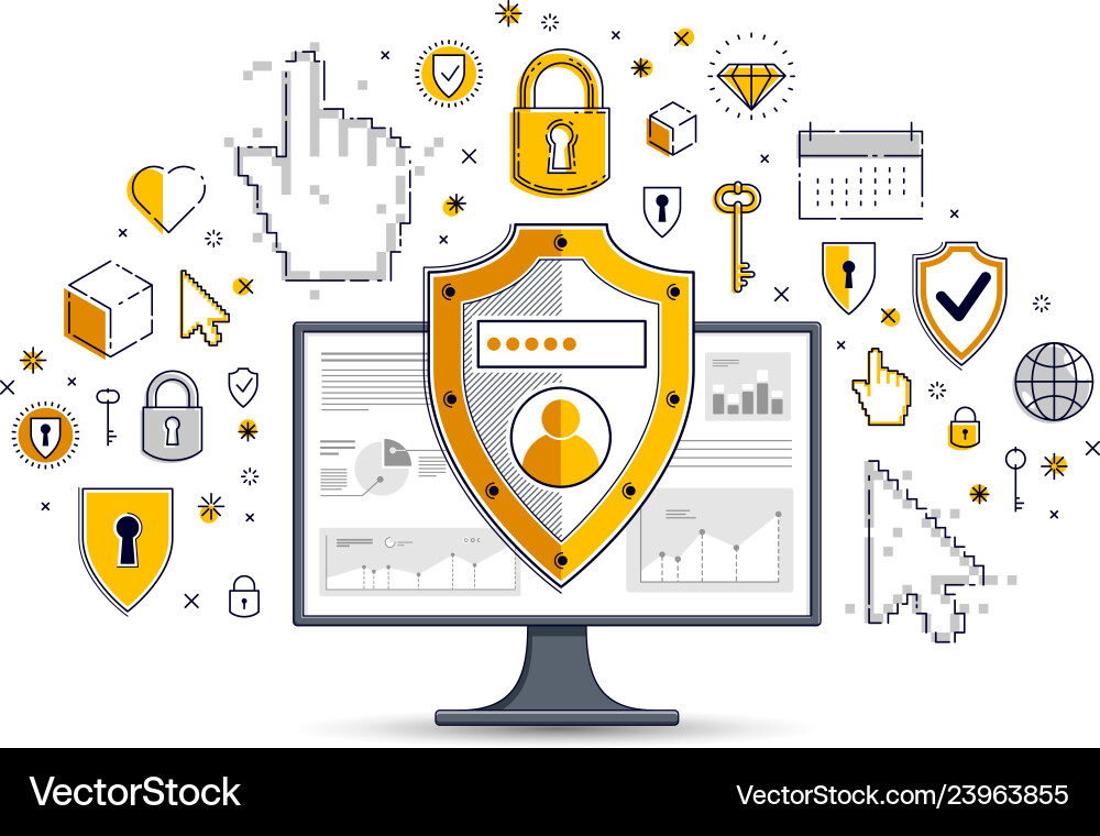 Shield over computer monitor and set of icons Shield over computer monitor and set of icons vector image