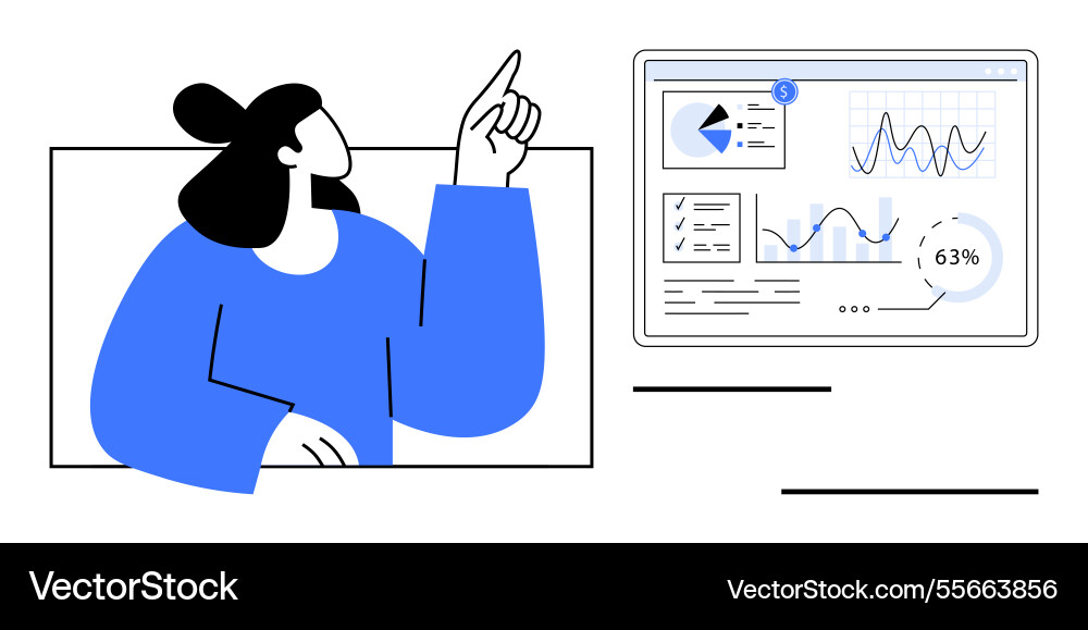 Analyst reviewing data and graphs on interactive Analyst reviewing data and graphs on interactive vector image
