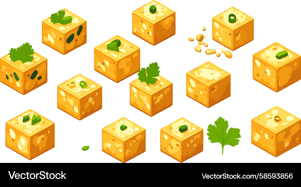 Artistic isometric array of golden tofu cubes Vector Image