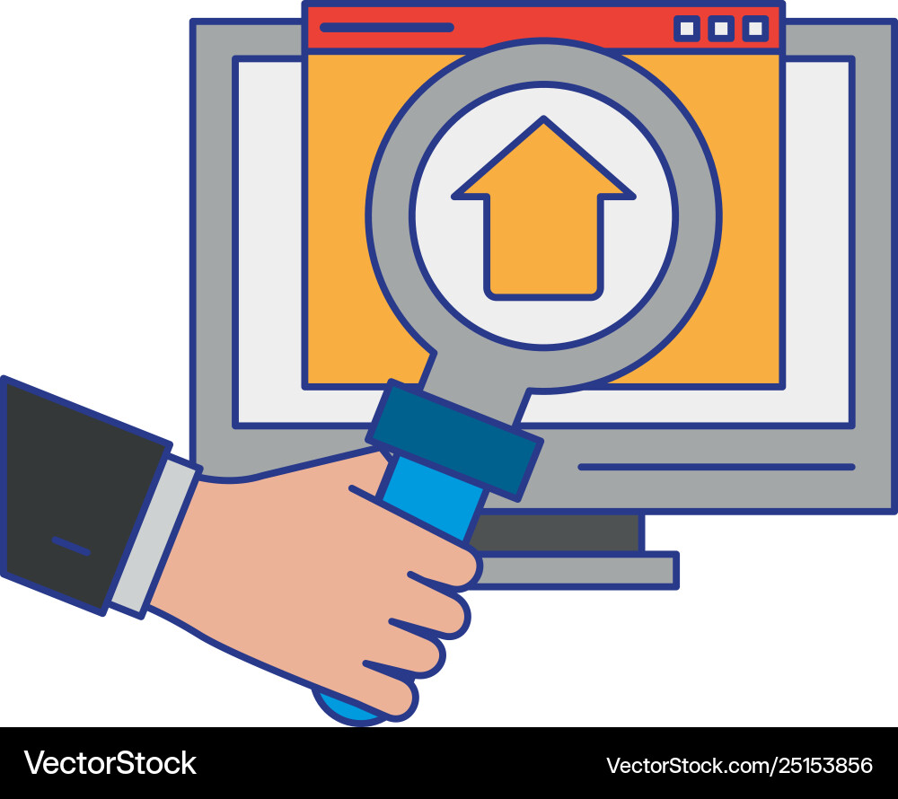 Computer with upload sign and magnifying glass Vector Image