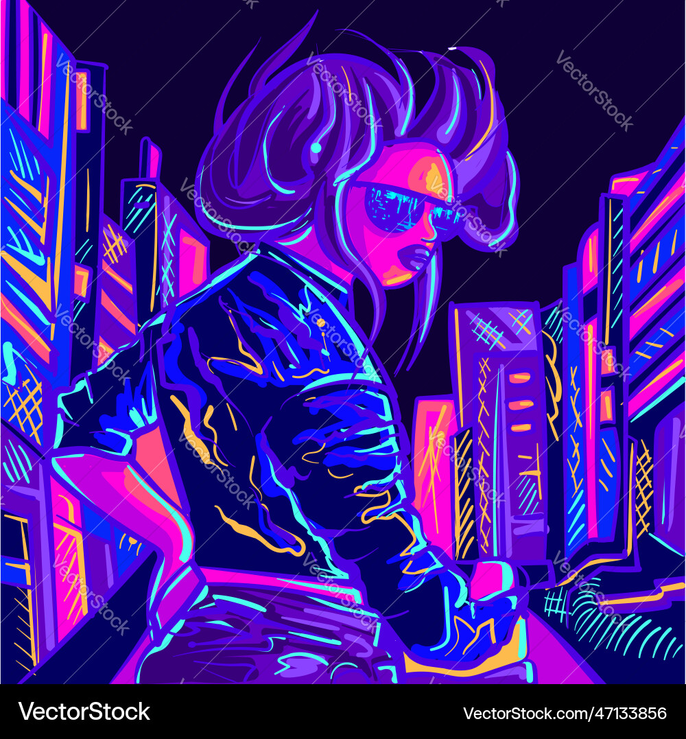Neon biker woman wearing a leather jacket Neon biker woman wearing a leather jacket vector image