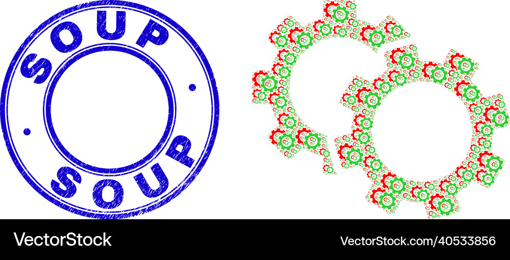 Scratched soup stamp and cogs recursion collage Scratched soup stamp and cogs recursion collage Vector Image