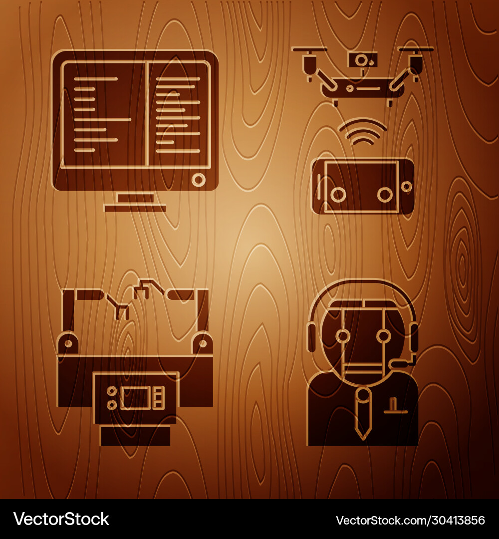 Set worker robot computer monitor screen Set worker robot computer monitor screen vector image