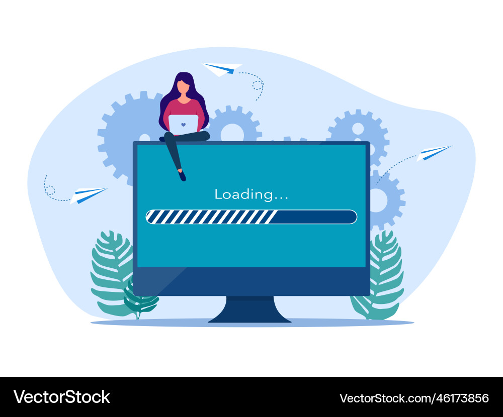 Woman working with laptop data loading bar Woman working with laptop data loading bar vector image