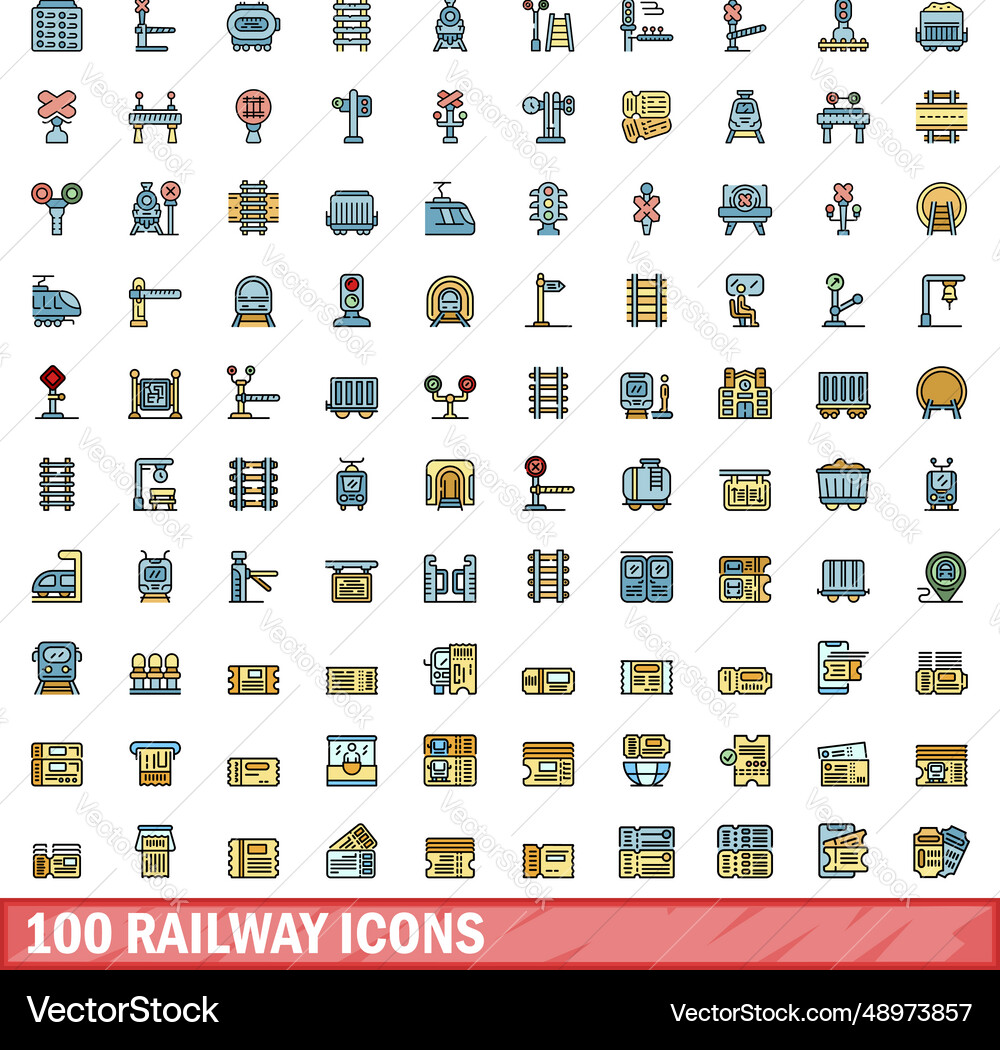 100 railway icons set color line style 100 railway icons set color line style vector image