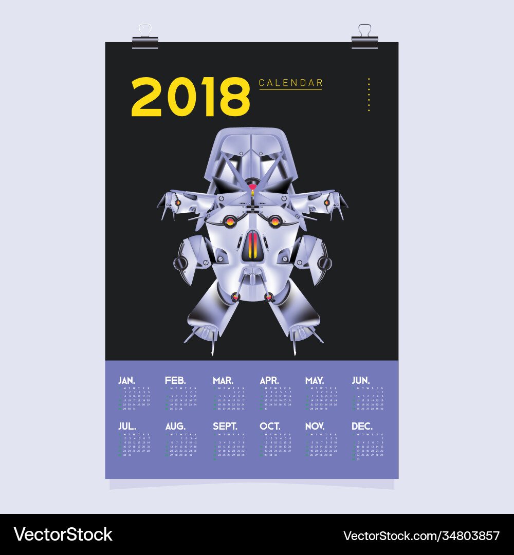 2018 calendar design template 3d realistic robot 2018 calendar design template 3d realistic robot vector image