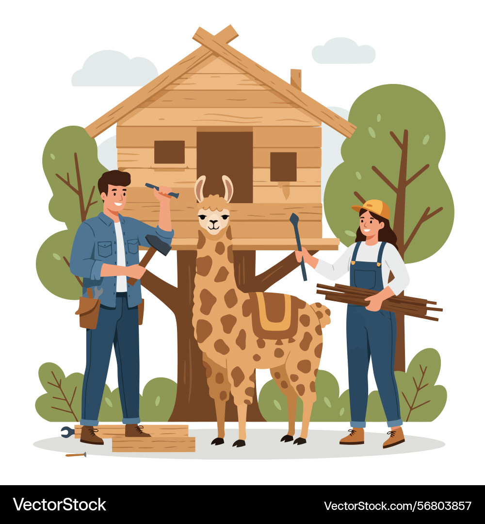 Building a treehouse with llama in whimsical style Vector Image
