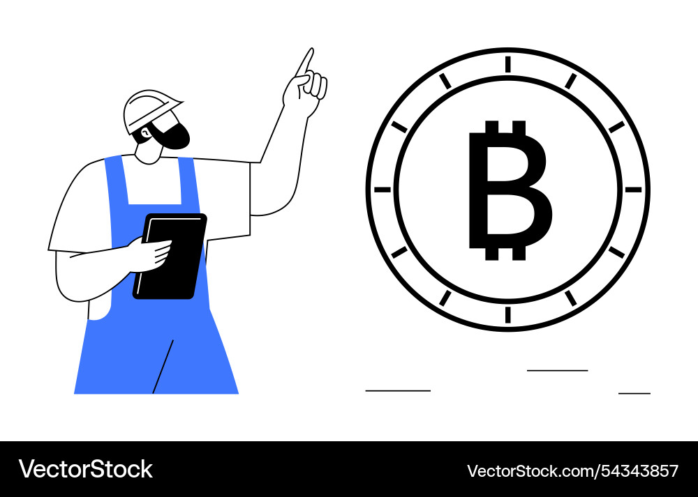 Worker holding tablet while pointing at large Worker holding tablet while pointing at large vector image
