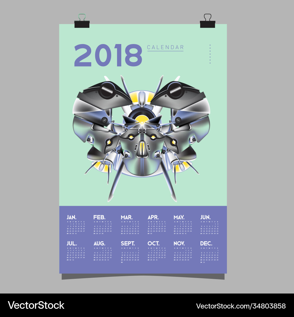 2018 calendar design template 3d realistic robot 2018 calendar design template 3d realistic robot vector image