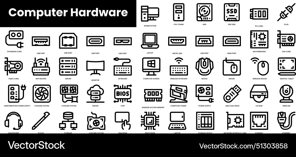 Set of outline computer hardware icons minimalist Set of outline computer hardware icons minimalist vector image