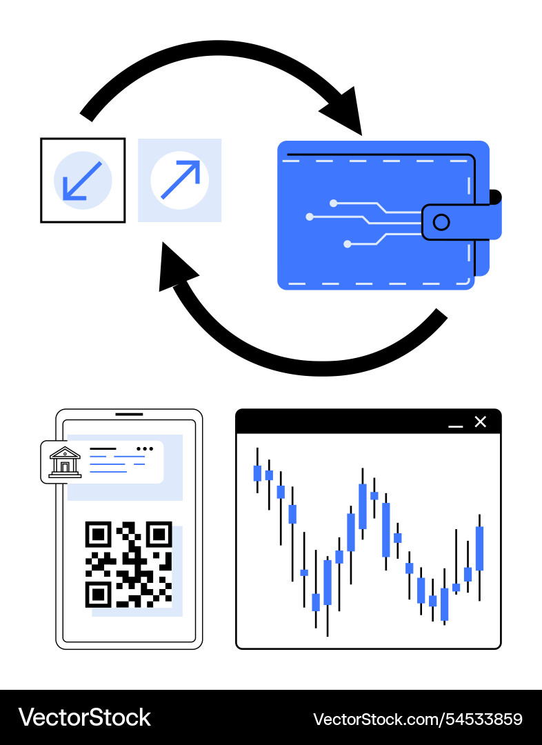 Digital wallet with qr code arrows and market Digital wallet with qr code arrows and market vector image