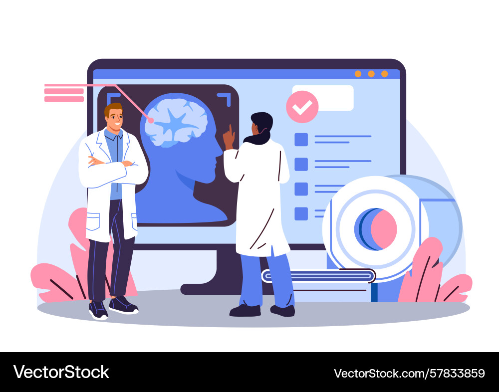 Doctors analyzing brain scan data screen vector image