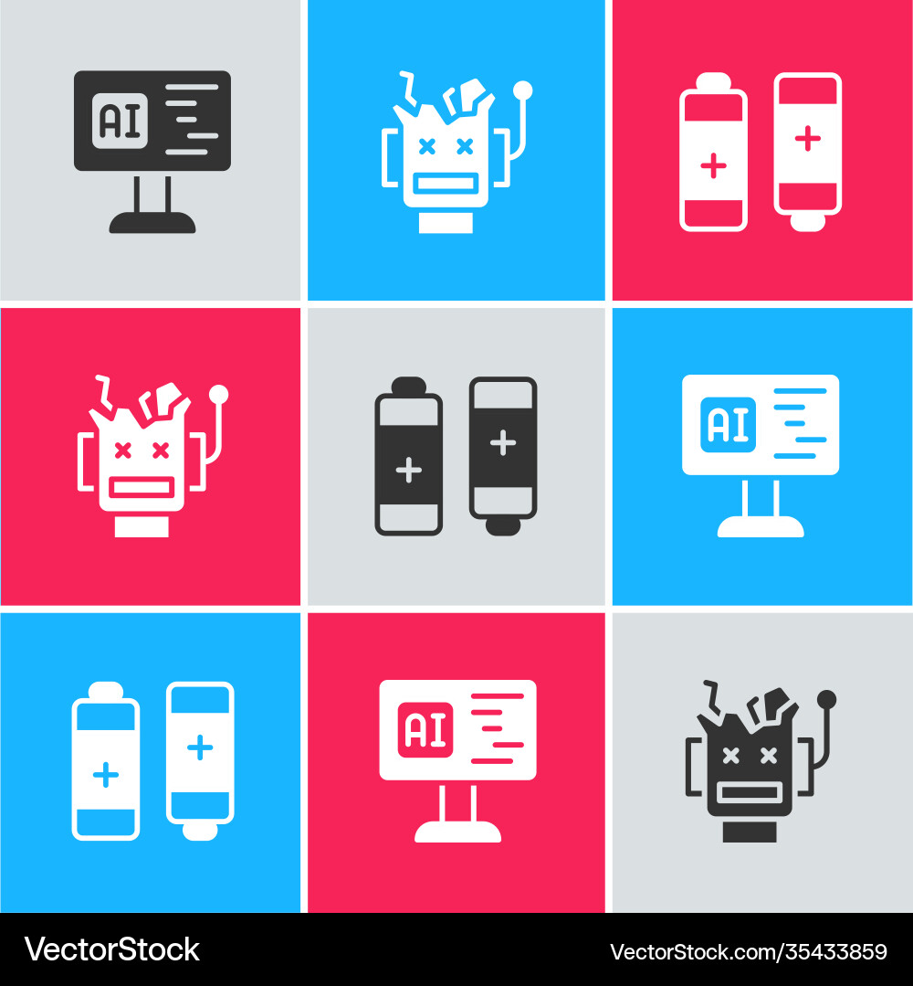 Set software broken robot and battery icon Vector Image