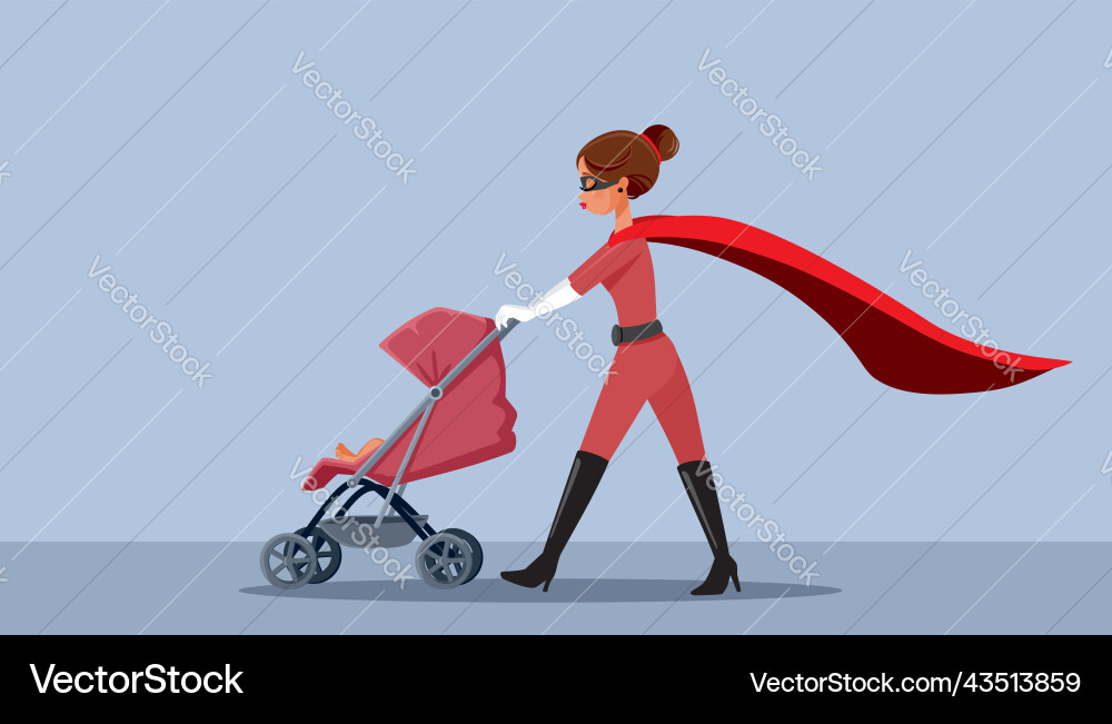 Superhero mom pushing a baby stroller cartoon Superhero mom pushing a baby stroller cartoon vector image