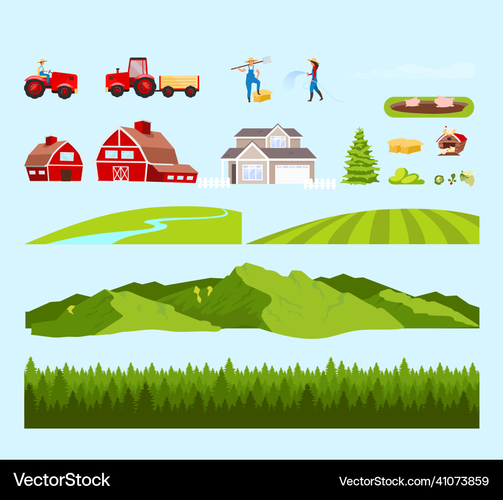 Village workers and fields cartoon objects set Village workers and fields cartoon objects set vector image