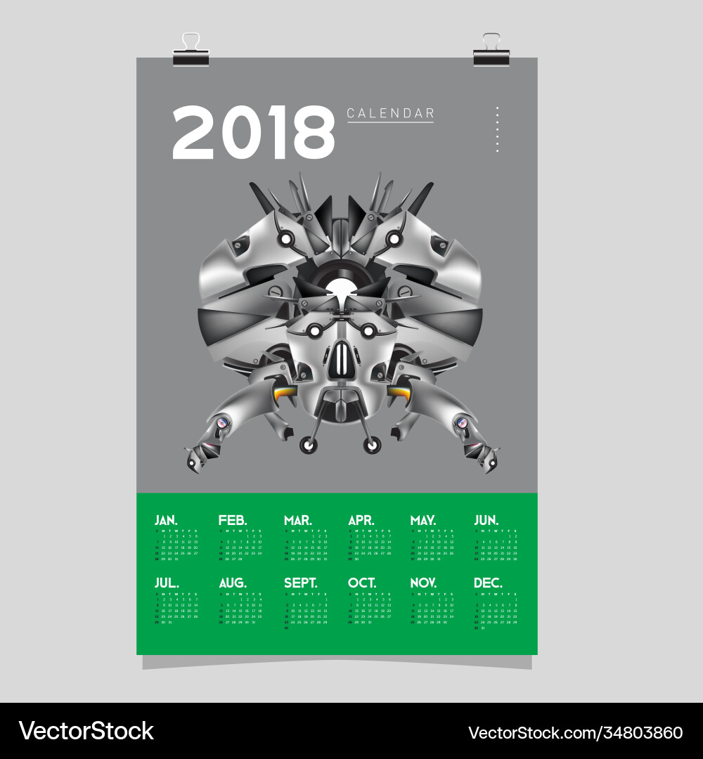 2018 calendar design template 3d realistic robot vector image