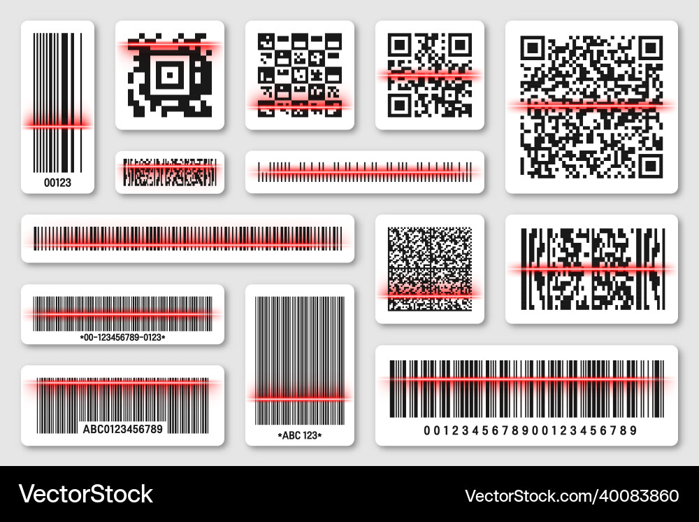 Product barcodes and qr codes with red scanning Product barcodes and qr codes with red scanning vector image
