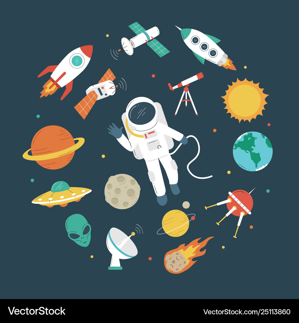 Space objects astronaut rocket planets ufo Space objects astronaut rocket planets ufo vector image