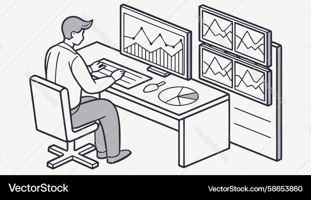Stock trader monitoring multiple computer screens Vector Image